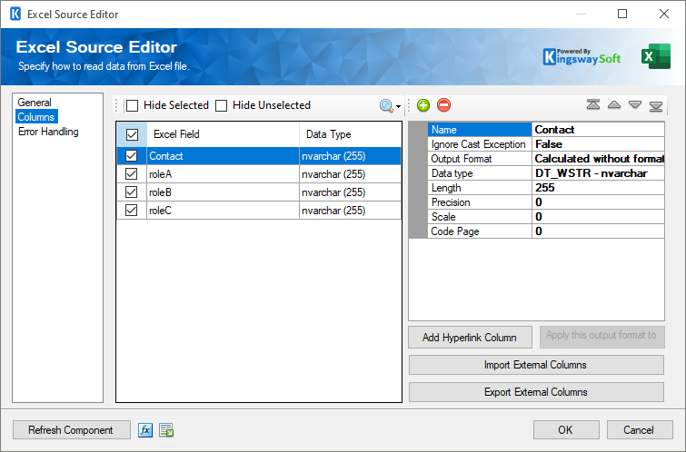 SSIS Premium Excel Source Component - Columns Page